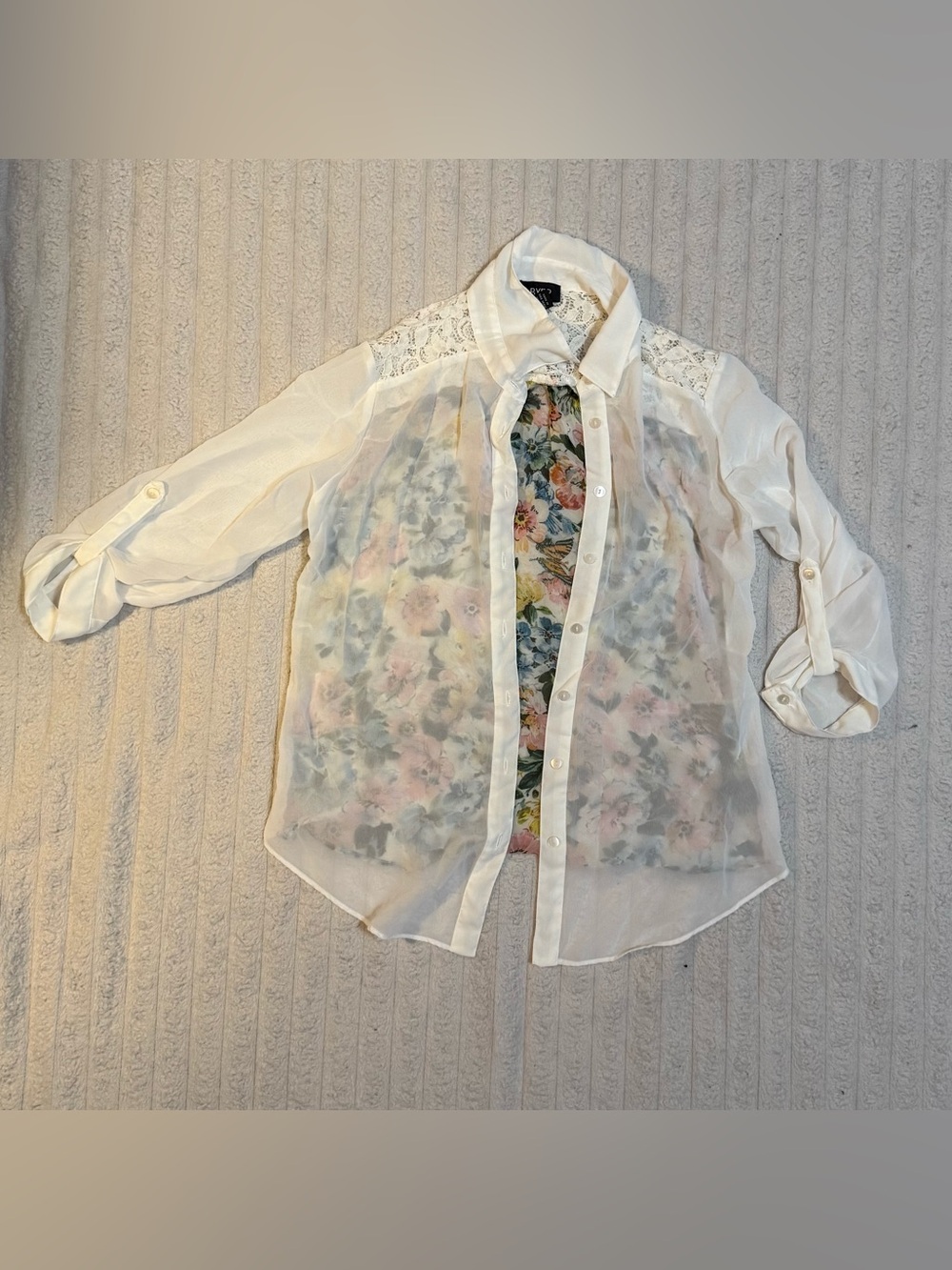 A. Byer White Sheer Button Up Blouse Lace Shoulders Floral Back Detail